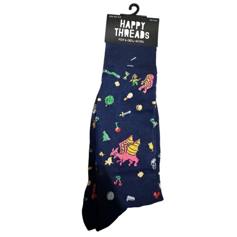 NWT Happy Threads Mens Crew Socks Navy Blue Pixel Art Dragon  Gamer Retro